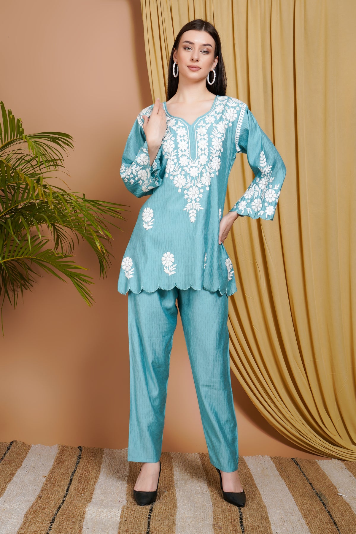 Aqua Blue Rayon Embroidered Short Kurta Set