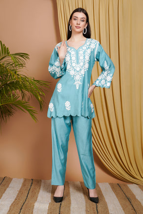 Aqua Blue Rayon Embroidered Short Kurta Set