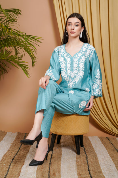 Aqua Blue Rayon Embroidered Short Kurta Set