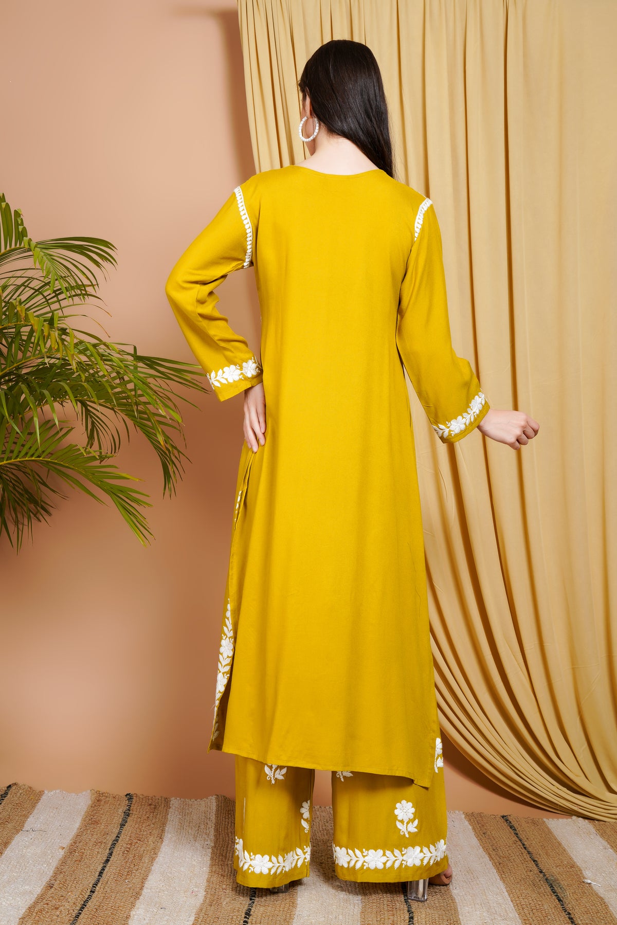 Mustard Yellow Rayon Embroidered Kurta Set for Women