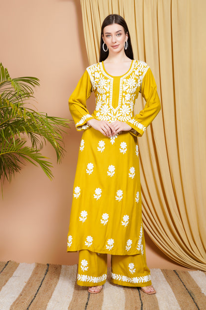 Mustard Yellow Rayon Embroidered Kurta Set for Women
