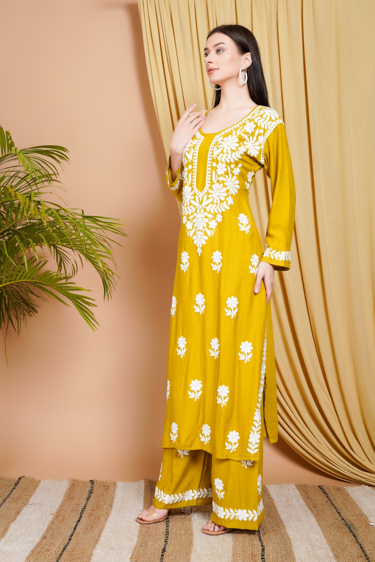 Mustard Yellow Rayon Embroidered Kurta Set for Women