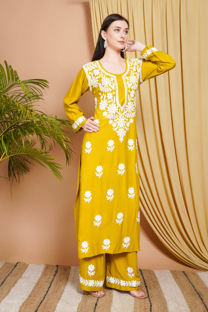 Mustard Yellow Rayon Embroidered Kurta Set for Women