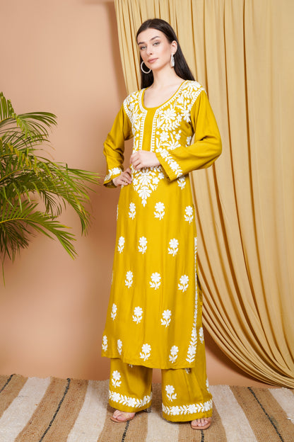 Mustard Yellow Rayon Embroidered Kurta Set for Women