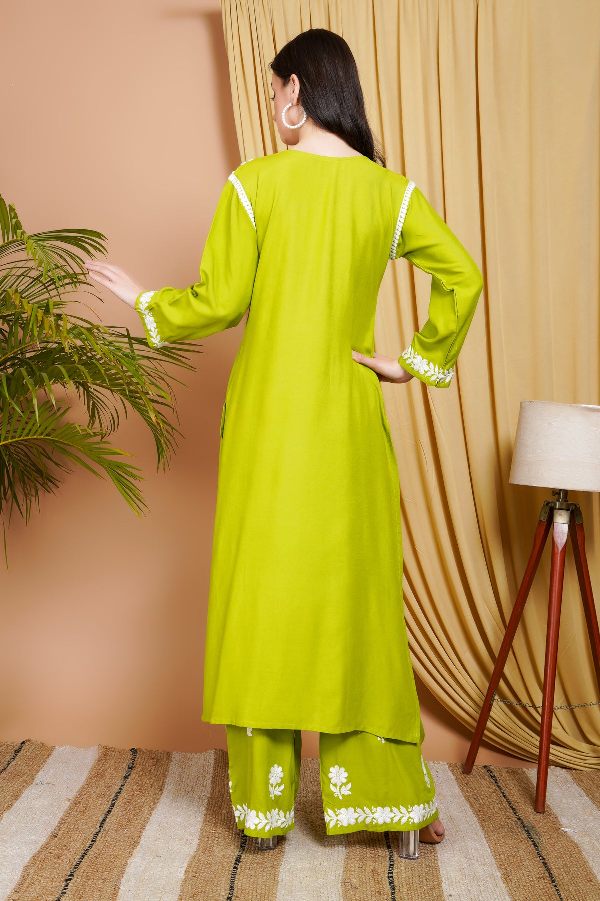 Lime Green Embroidered Rayon Kurta Set for Women