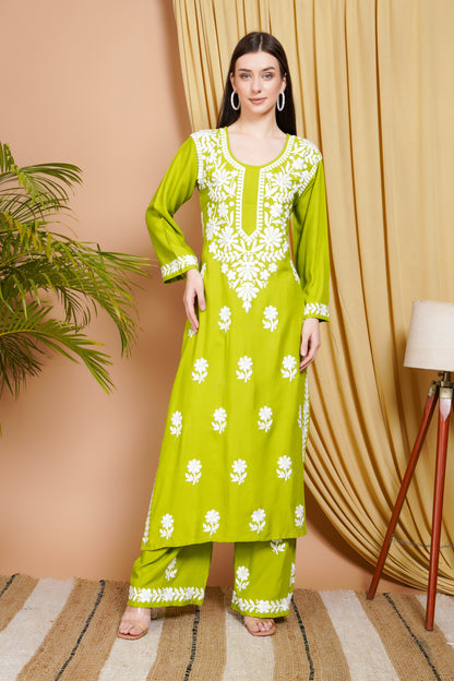 Lime Green Embroidered Rayon Kurta Set for Women