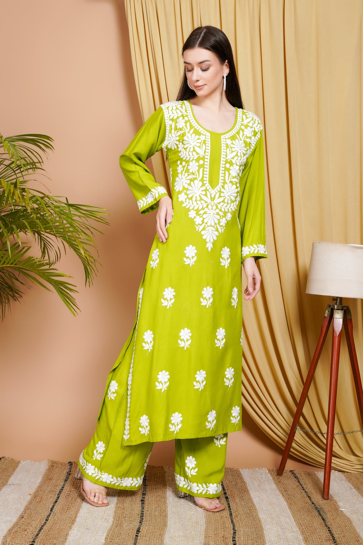 Lime Green Embroidered Rayon Kurta Set for Women