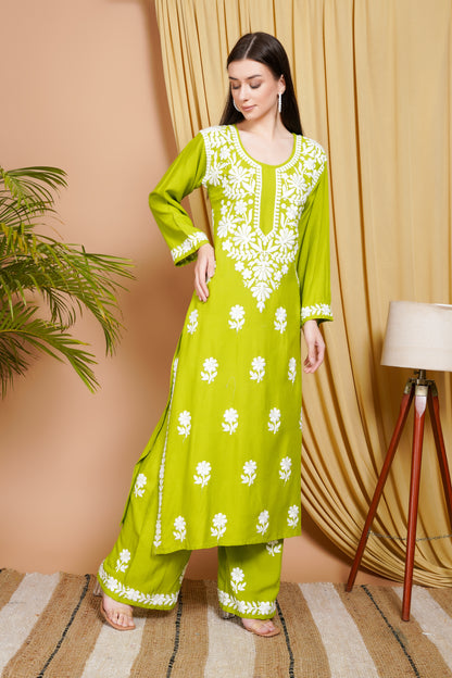 Lime Green Embroidered Rayon Kurta Set for Women