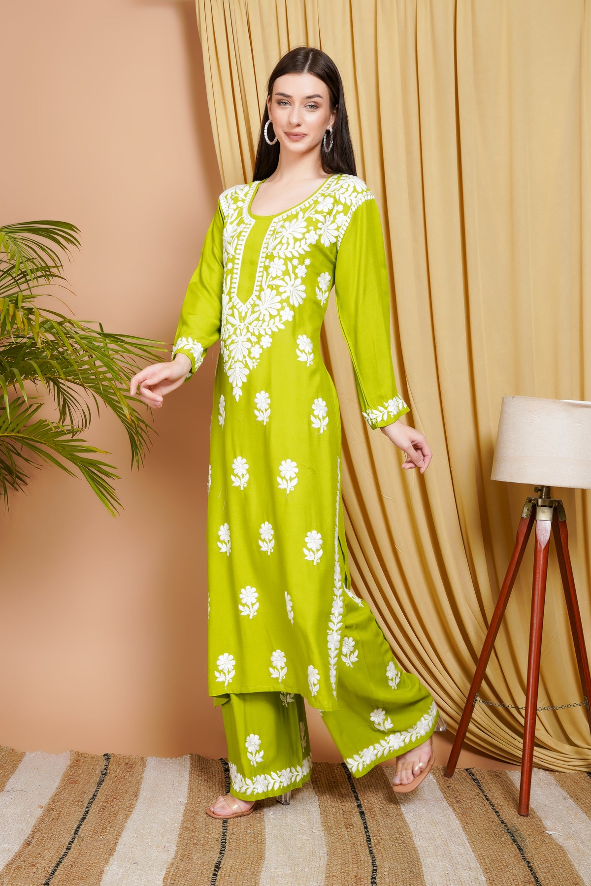 Lime Green Embroidered Rayon Kurta Set for Women