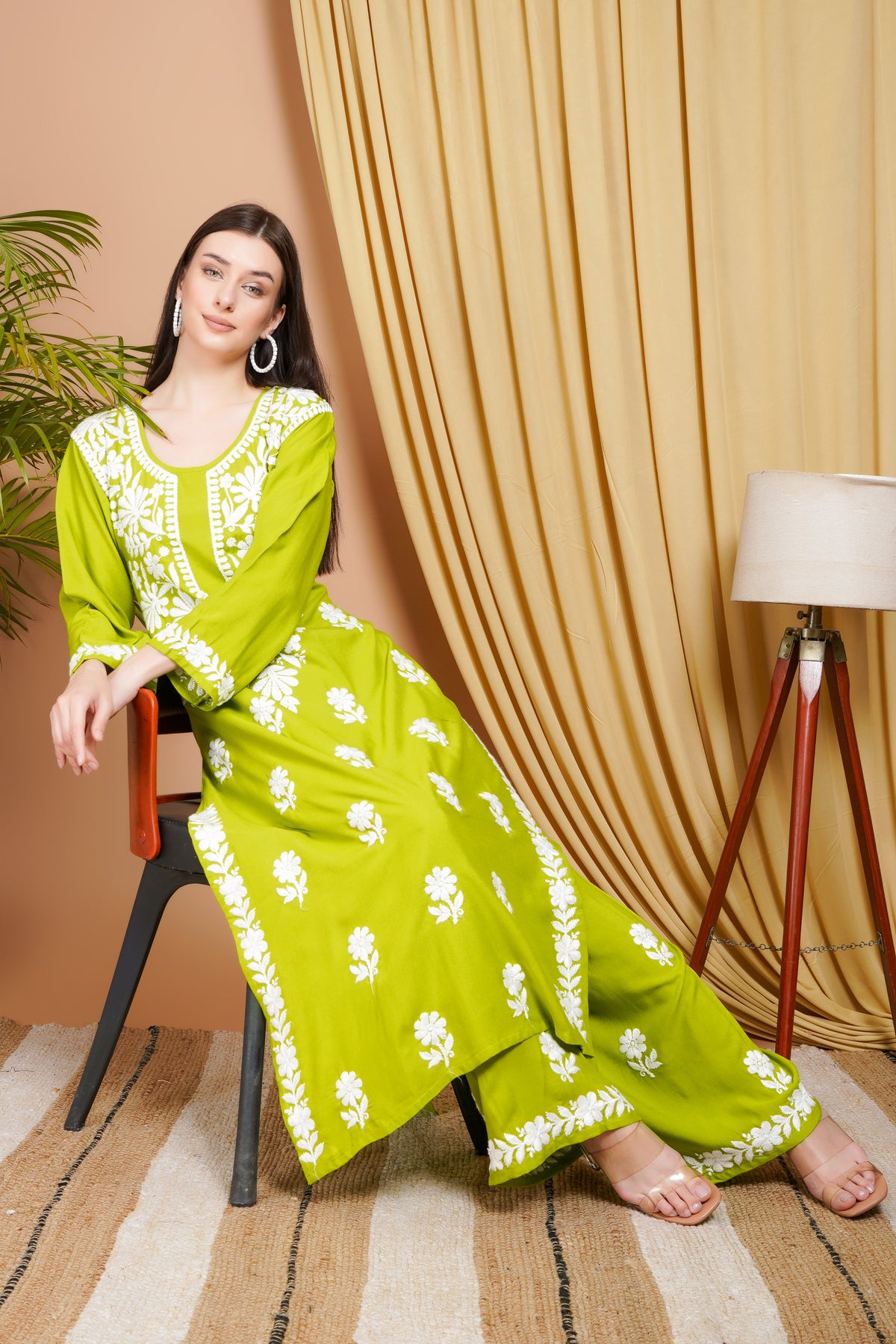 Lime Green Embroidered Rayon Kurta Set for Women