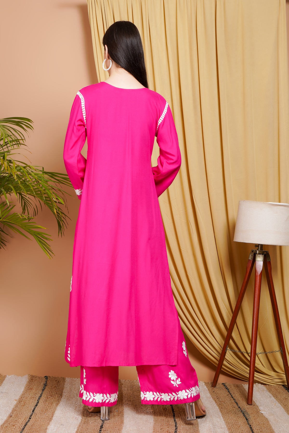 Hot Pink Rayon Embroidered Kurta Set for Women