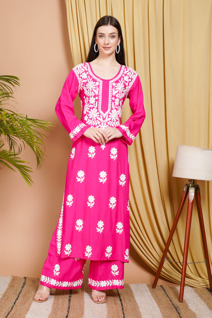 Hot Pink Rayon Embroidered Kurta Set for Women