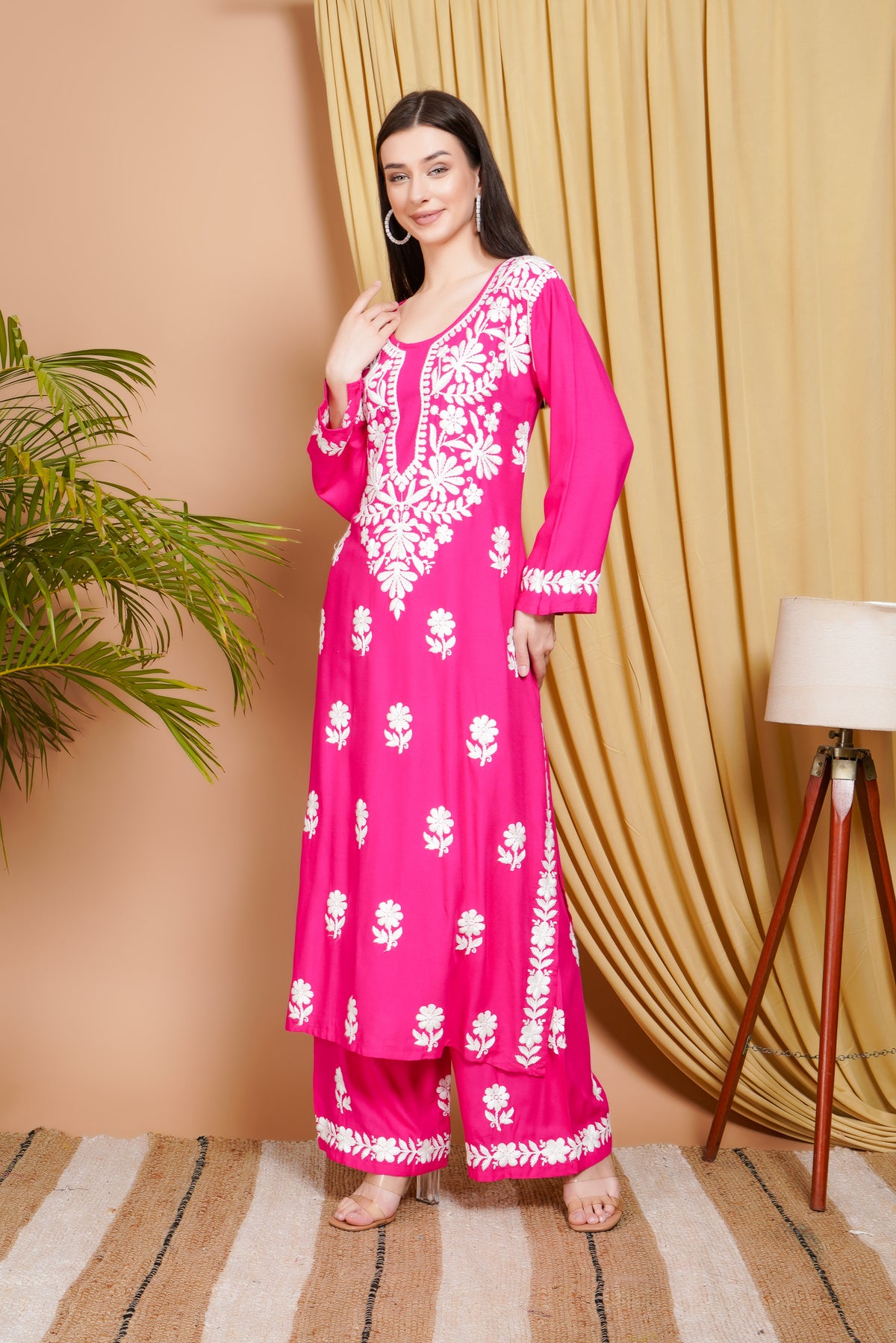 Hot Pink Rayon Embroidered Kurta Set for Women