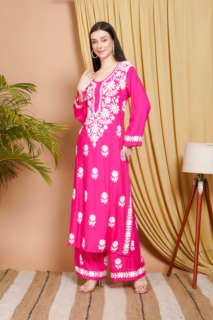 Hot Pink Rayon Embroidered Kurta Set for Women