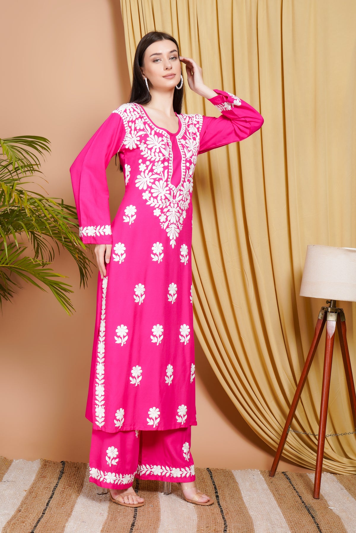 Hot Pink Rayon Embroidered Kurta Set for Women