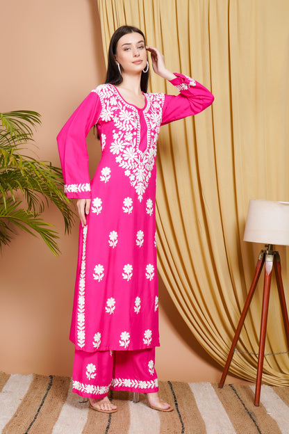 Hot Pink Rayon Embroidered Kurta Set for Women