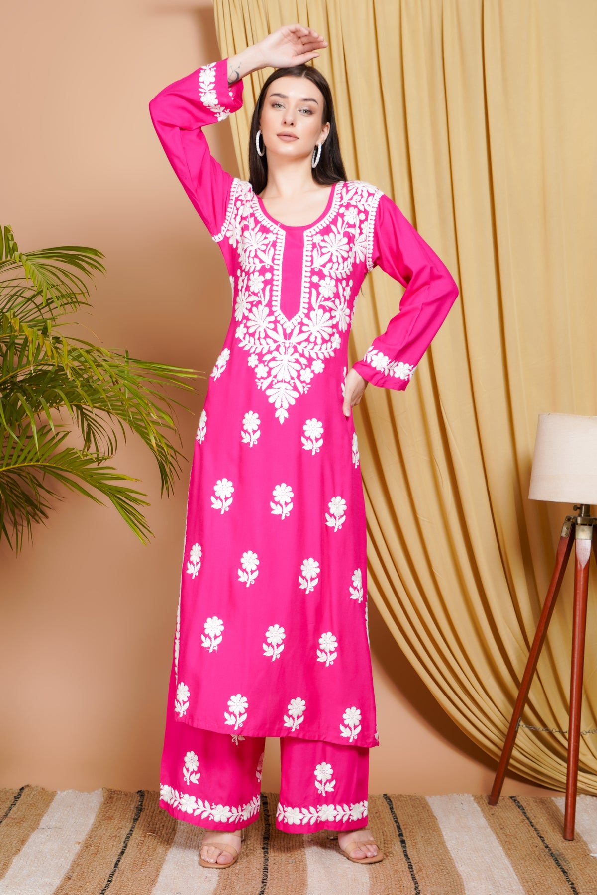 Hot Pink Rayon Embroidered Kurta Set for Women