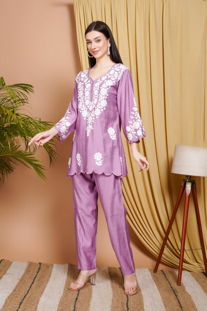 Lavender Embroidered Rayon Kurta Set for Women