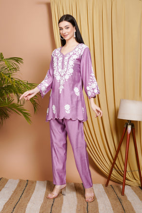 Lavender Embroidered Rayon Kurta Set for Women