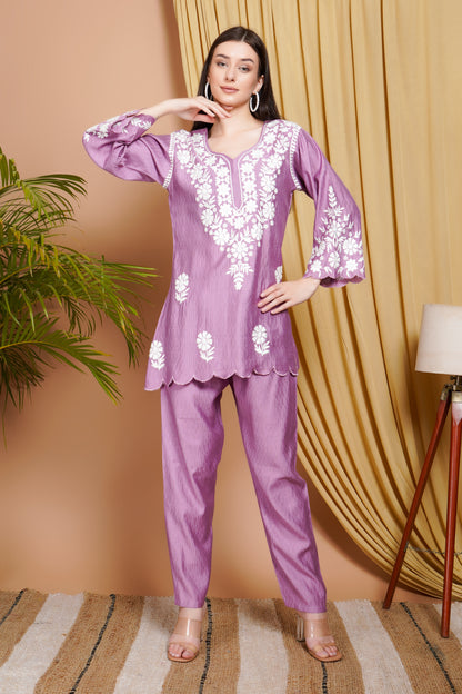 Lavender Embroidered Rayon Kurta Set for Women