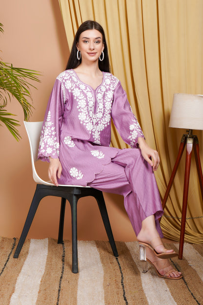 Lavender Embroidered Rayon Kurta Set for Women