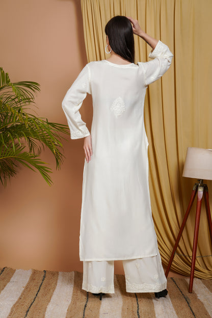 White Rayon Embroidered Kurta Set for Women