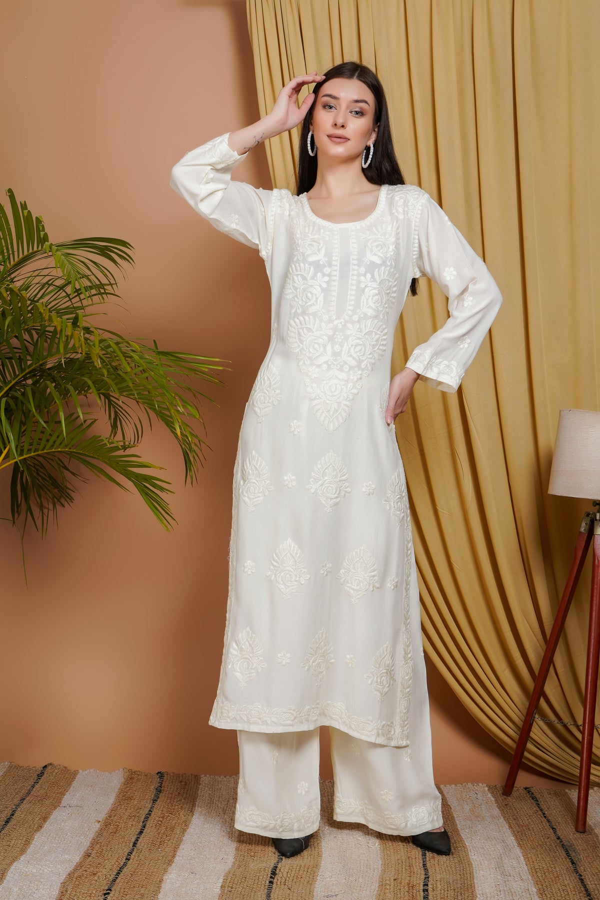 White Rayon Embroidered Kurta Set for Women