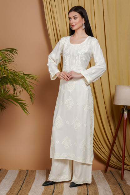 White Rayon Embroidered Kurta Set for Women