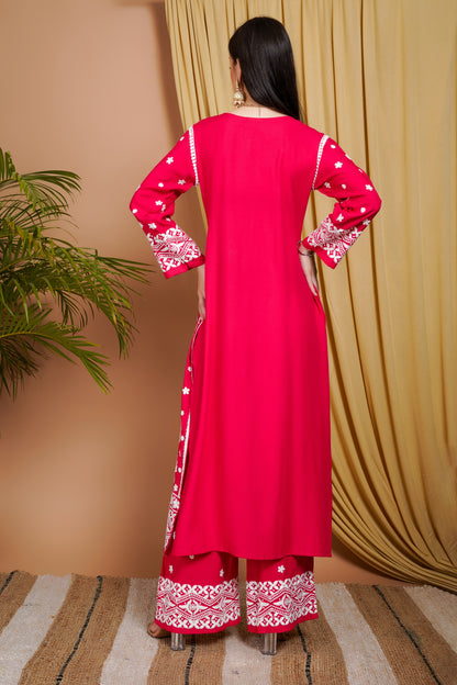Rani Pink Embroidered Rayon Kurta Set for Women