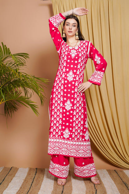 Rani Pink Embroidered Rayon Kurta Set for Women