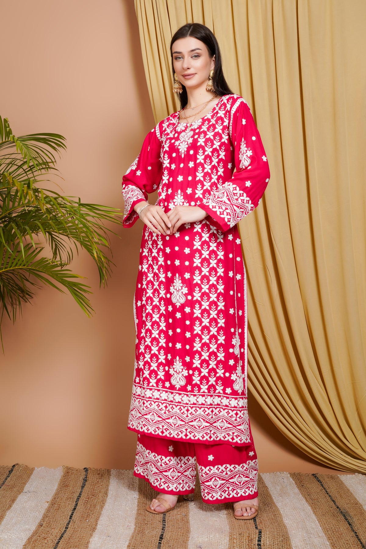Rani Pink Embroidered Rayon Kurta Set for Women