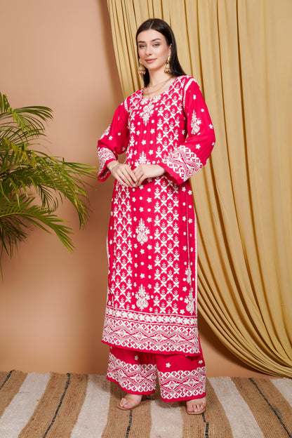 Rani Pink Embroidered Rayon Kurta Set for Women