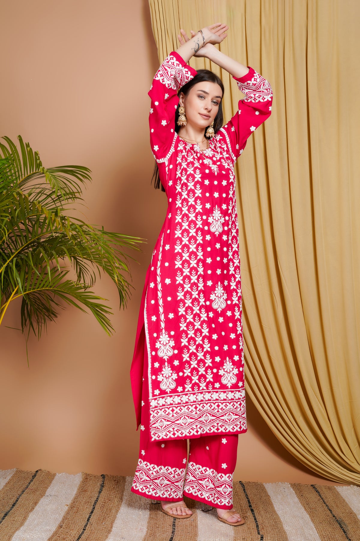 Rani Pink Embroidered Rayon Kurta Set for Women