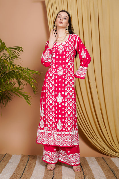 Rani Pink Embroidered Rayon Kurta Set for Women