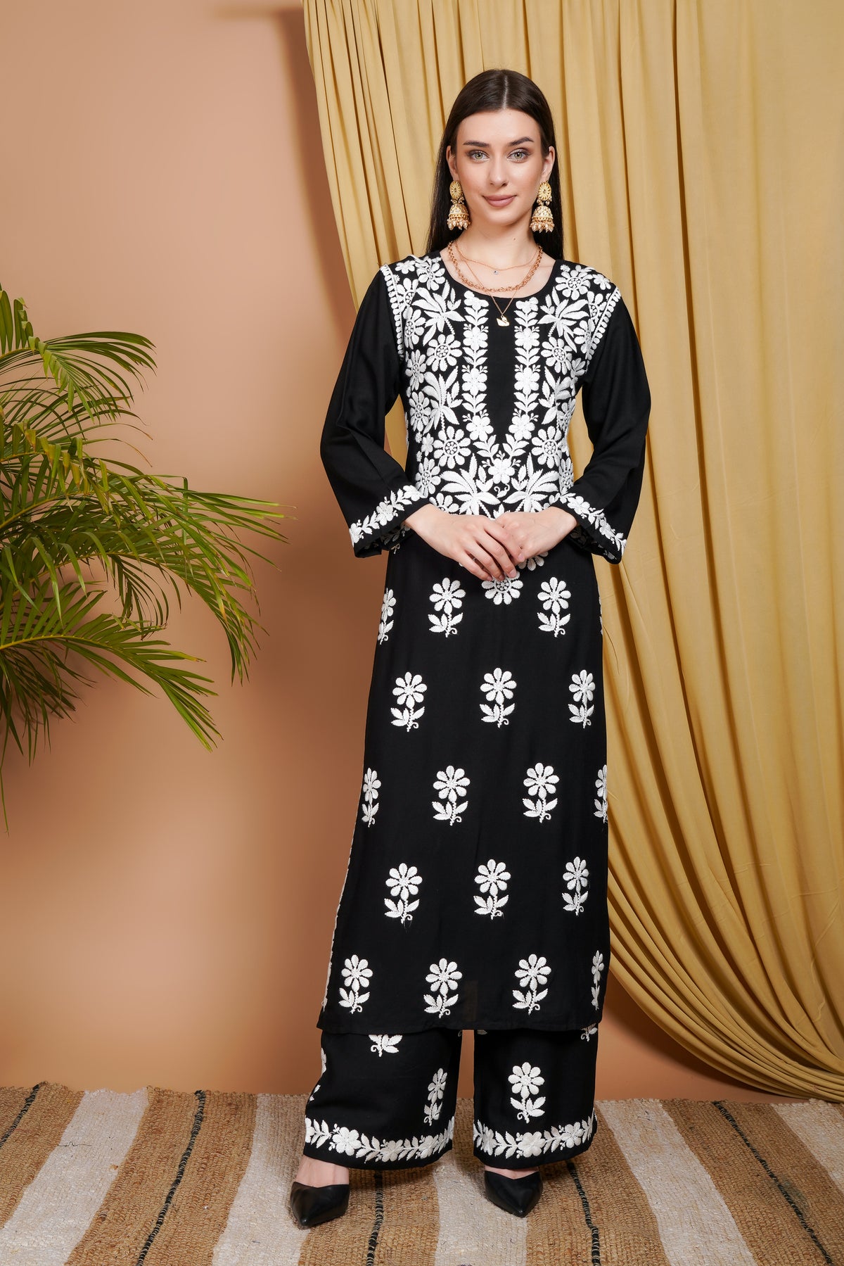Black Rayon Embroidered Kurta Set for Women