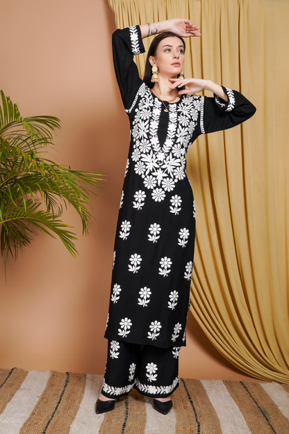 Black Rayon Embroidered Kurta Set for Women