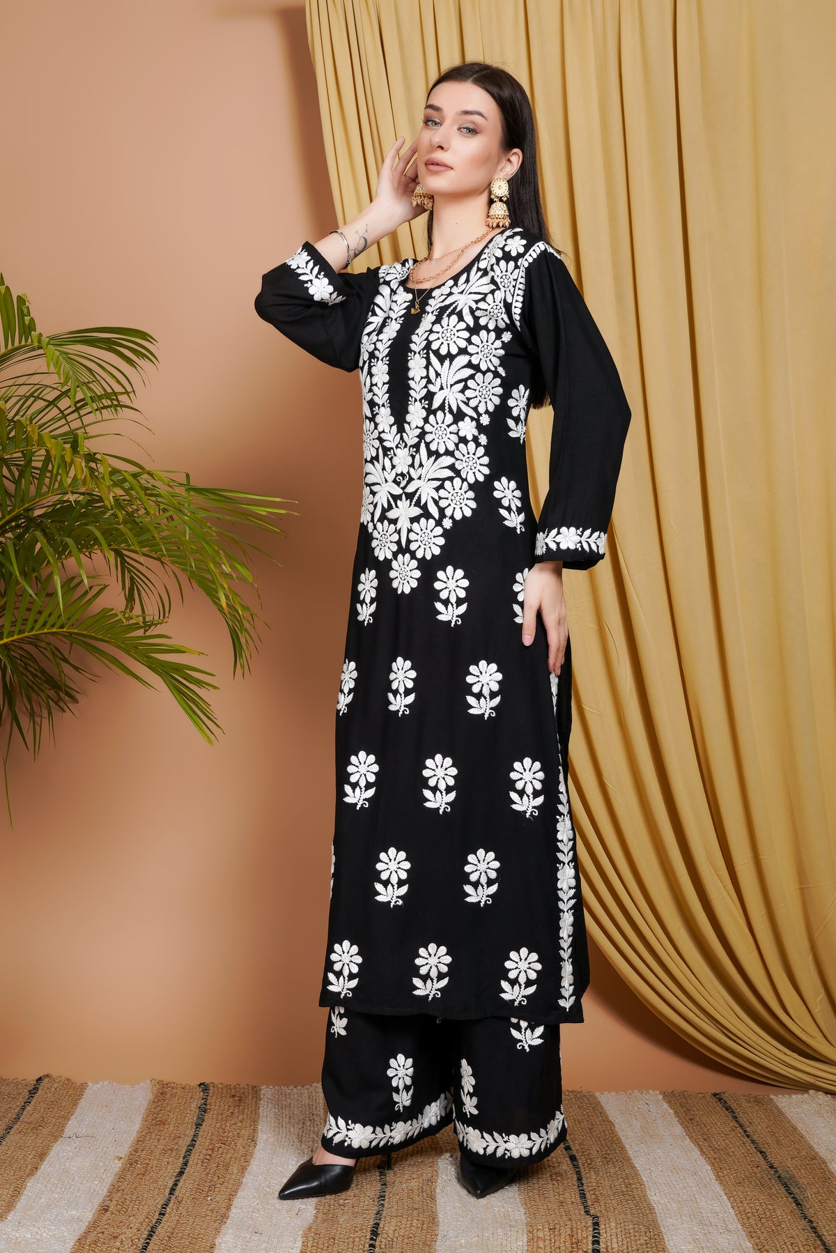 Black Rayon Embroidered Kurta Set for Women
