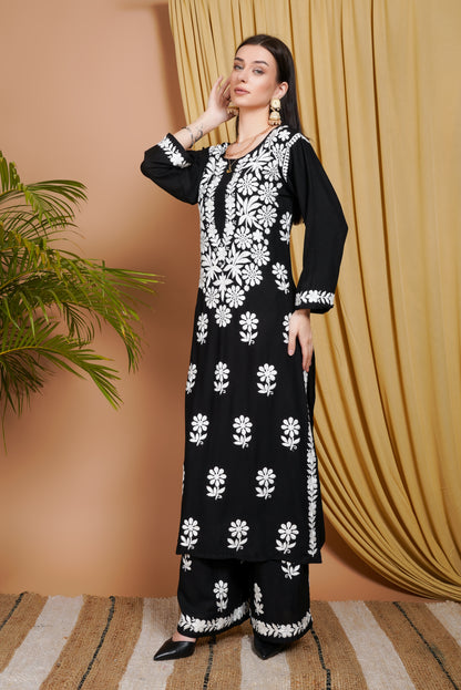 Black Rayon Embroidered Kurta Set for Women