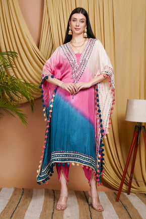 Pink & Blue Tie-Dye Kaftan in Organza with Mirror Work & Pom-Pom Detailing