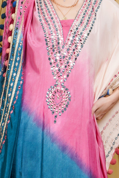 Pink & Blue Tie-Dye Kaftan in Organza with Mirror Work & Pom-Pom Detailing