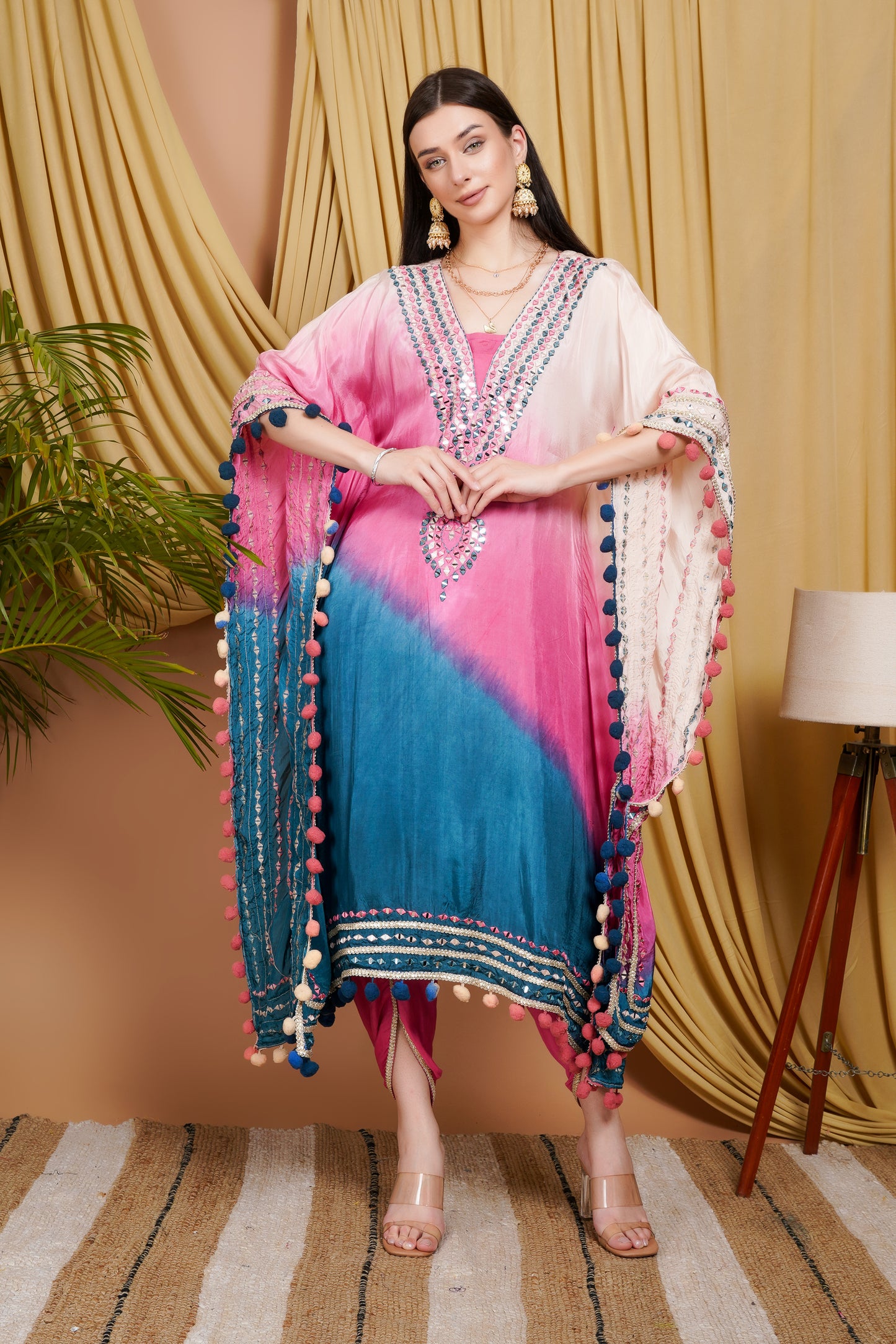 Pink & Blue Tie-Dye Kaftan in Organza with Mirror Work & Pom-Pom Detailing