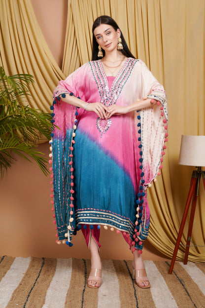 Pink & Blue Tie-Dye Kaftan in Organza with Mirror Work & Pom-Pom Detailing