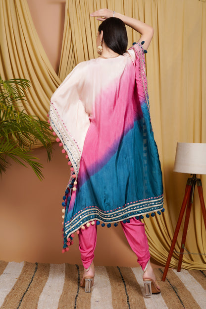 Pink & Blue Tie-Dye Kaftan in Organza with Mirror Work & Pom-Pom Detailing