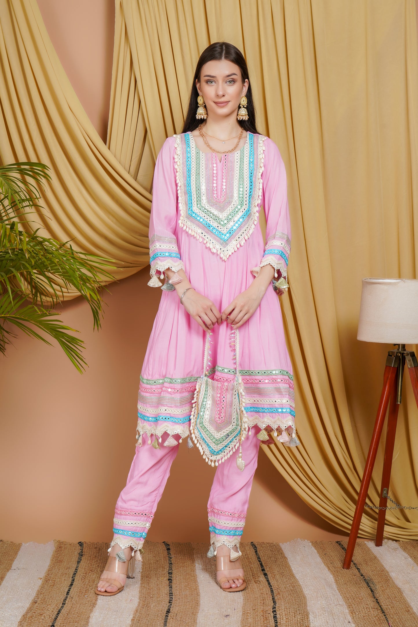 Pastel Pink Embroidered Organza Suit Set with Dupatta & Potli