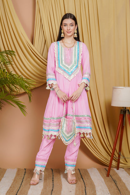 Pastel Pink Embroidered Organza Suit Set with Dupatta & Potli