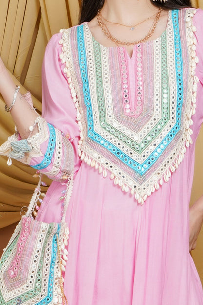 Pastel Pink Embroidered Organza Suit Set with Dupatta & Potli