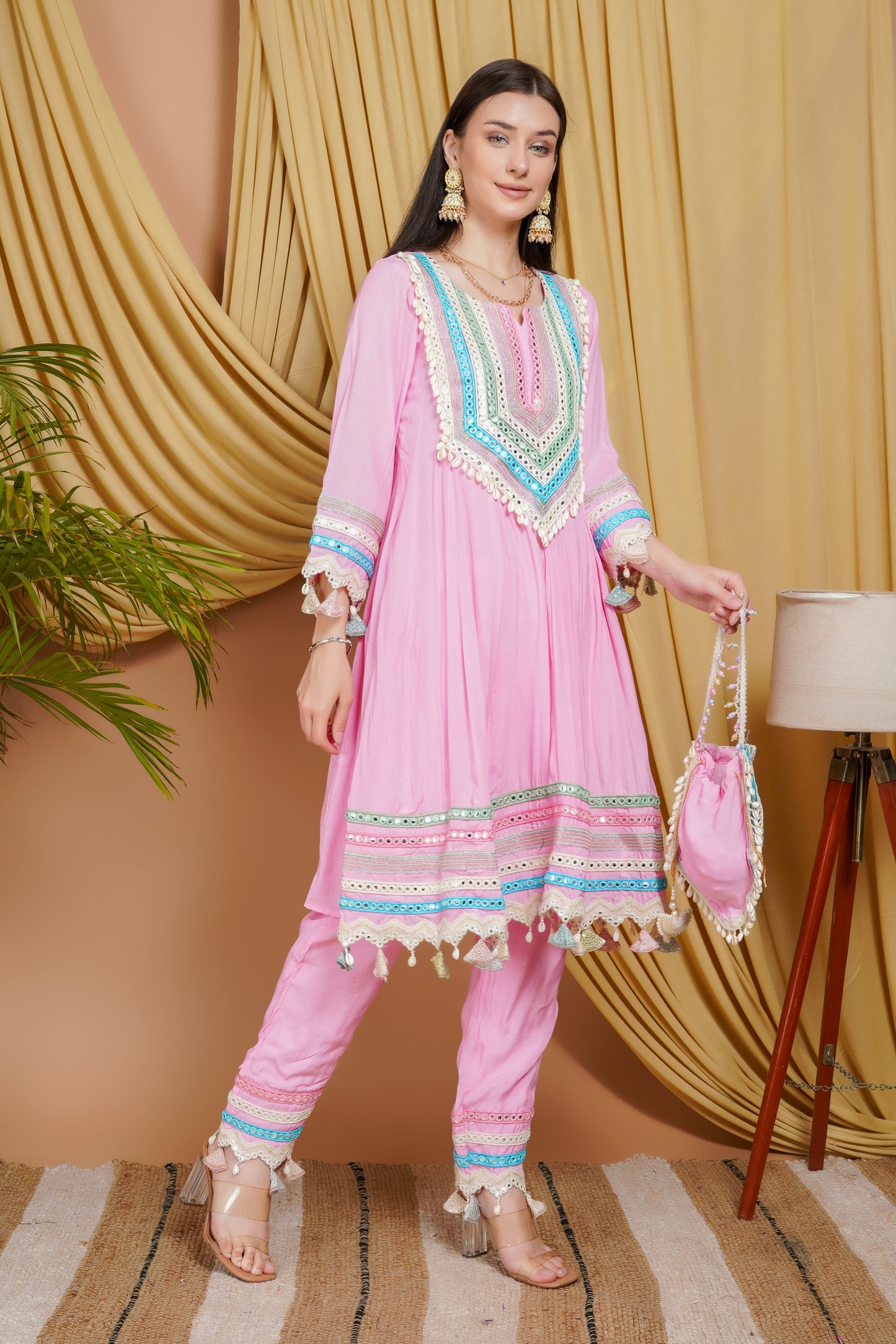 Pastel Pink Embroidered Organza Suit Set with Dupatta & Potli