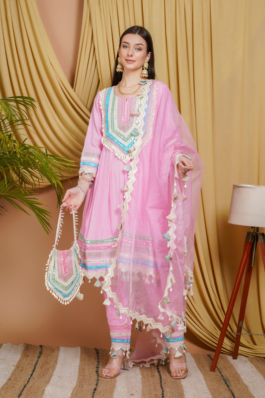 Pastel Pink Embroidered Organza Suit Set with Dupatta & Potli