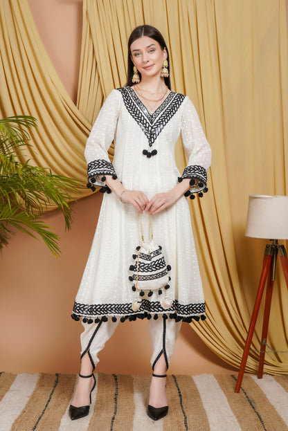 Elegant White & Black Organza Suit with Lace Detailing and Ombre Dupatta