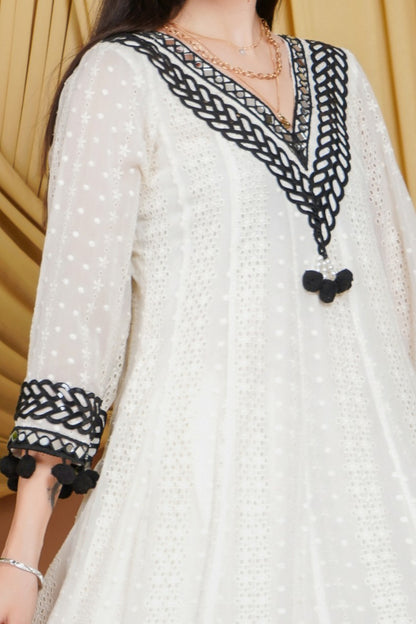 Elegant White & Black Organza Suit with Lace Detailing and Ombre Dupatta